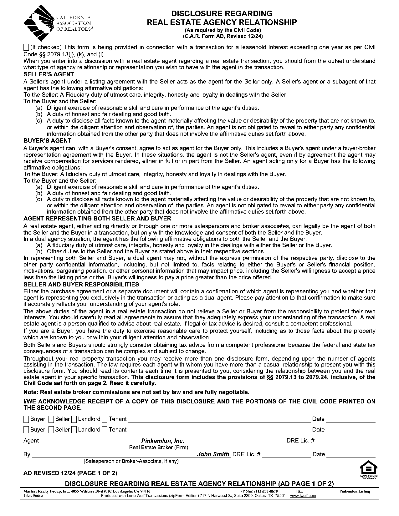 Agency Disclosure (AD) — page 1