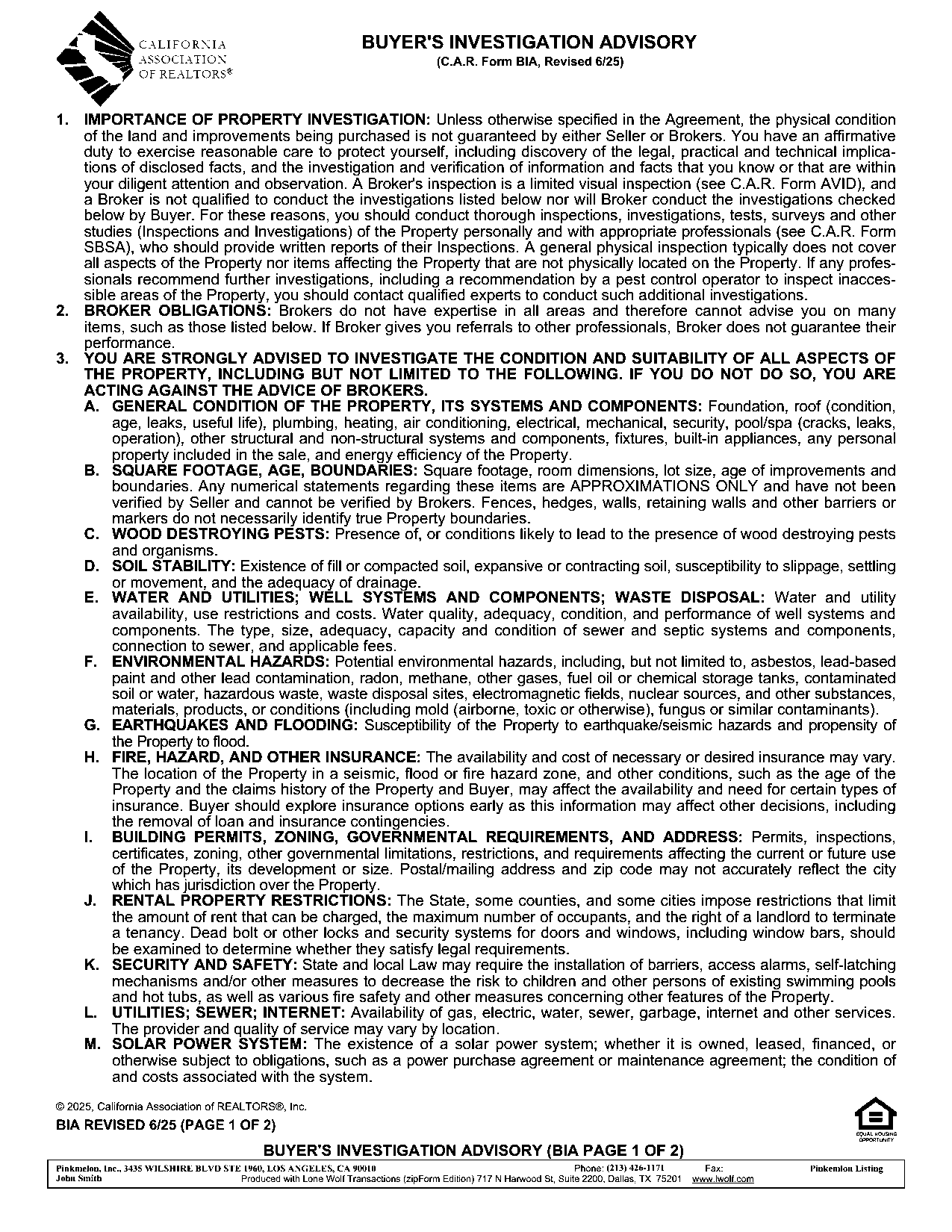 Buyer’s Inspection Advisory (BIA) — page 1