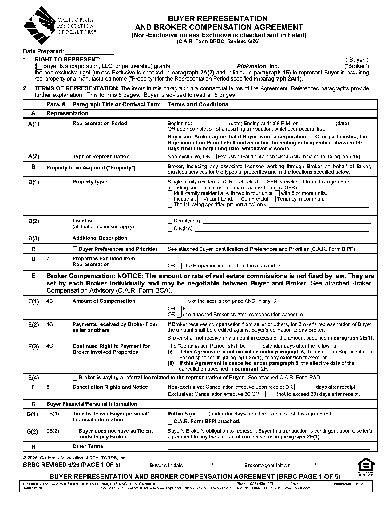 Buyer Representation Agreement (BRBC) — page 1