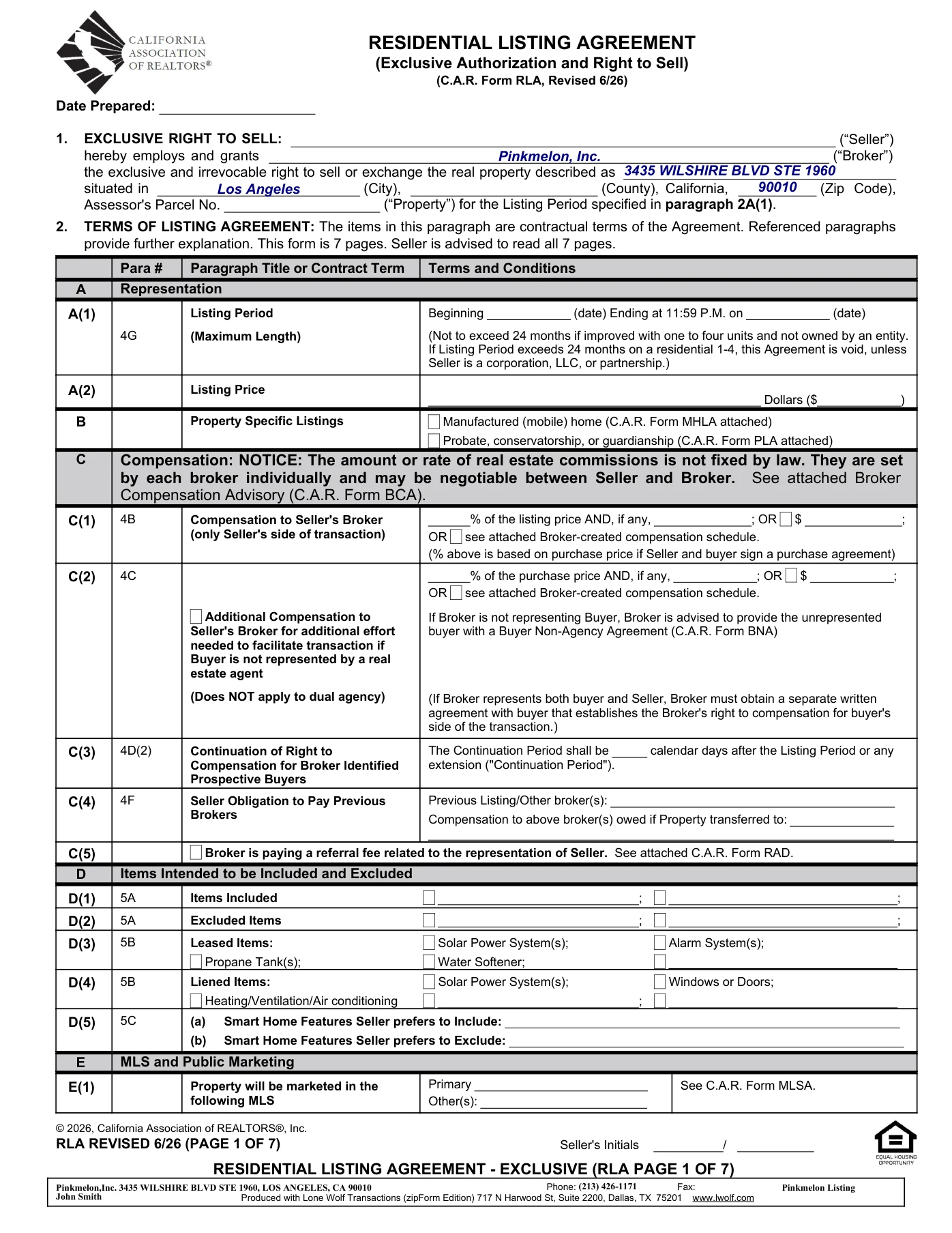 Residential Listing Agreement (RLA) — page 1