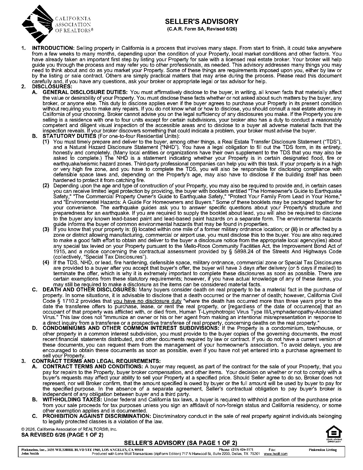 Seller’s Advisory (SA) — page 1